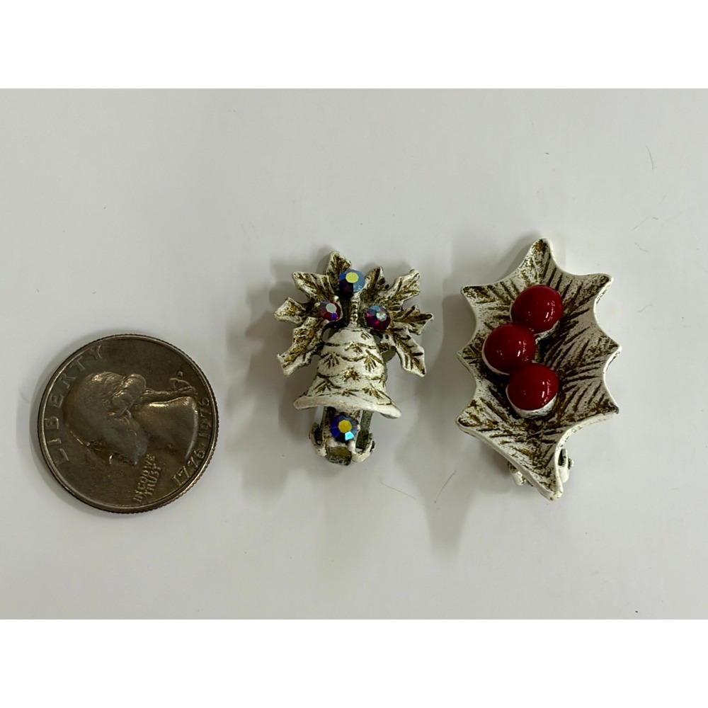 Vintage Dodds Christmas Clip On Earrings Mismatched Bell Holly Rhinestone Berry